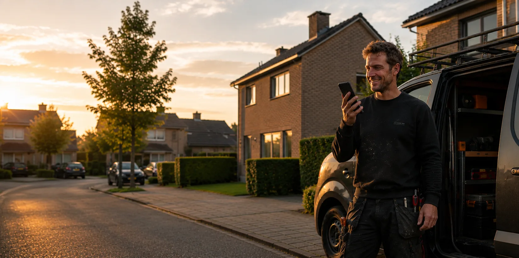 Een Belgische vakman staat bij zonsondergang naast zijn bestelwagen en sluit lachend zijn werkdag af met een gesproken opdracht aan Cooper op zijn telefoon.
